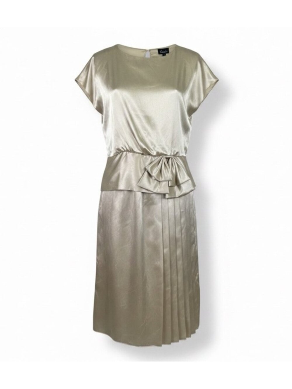Jamie Womens Champagne Satin Pleated Dress With Bow Detail & Cap Sleeves Size M